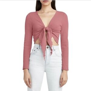BCBGeneration Tie Front Cropped Top Mauve NWT Longsleeve MED Ribbed